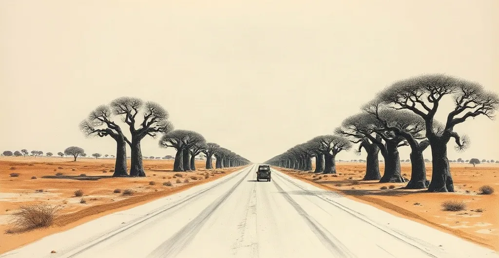 Route traversant la savane sénégalaise, bordée de baobabs.